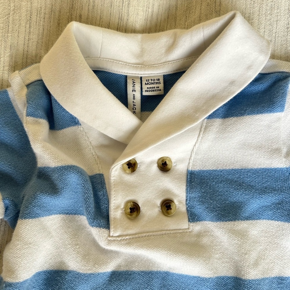 Janie and Jack Blue and White Striped Romper, Size 12-18mo - Picture 5 of 14